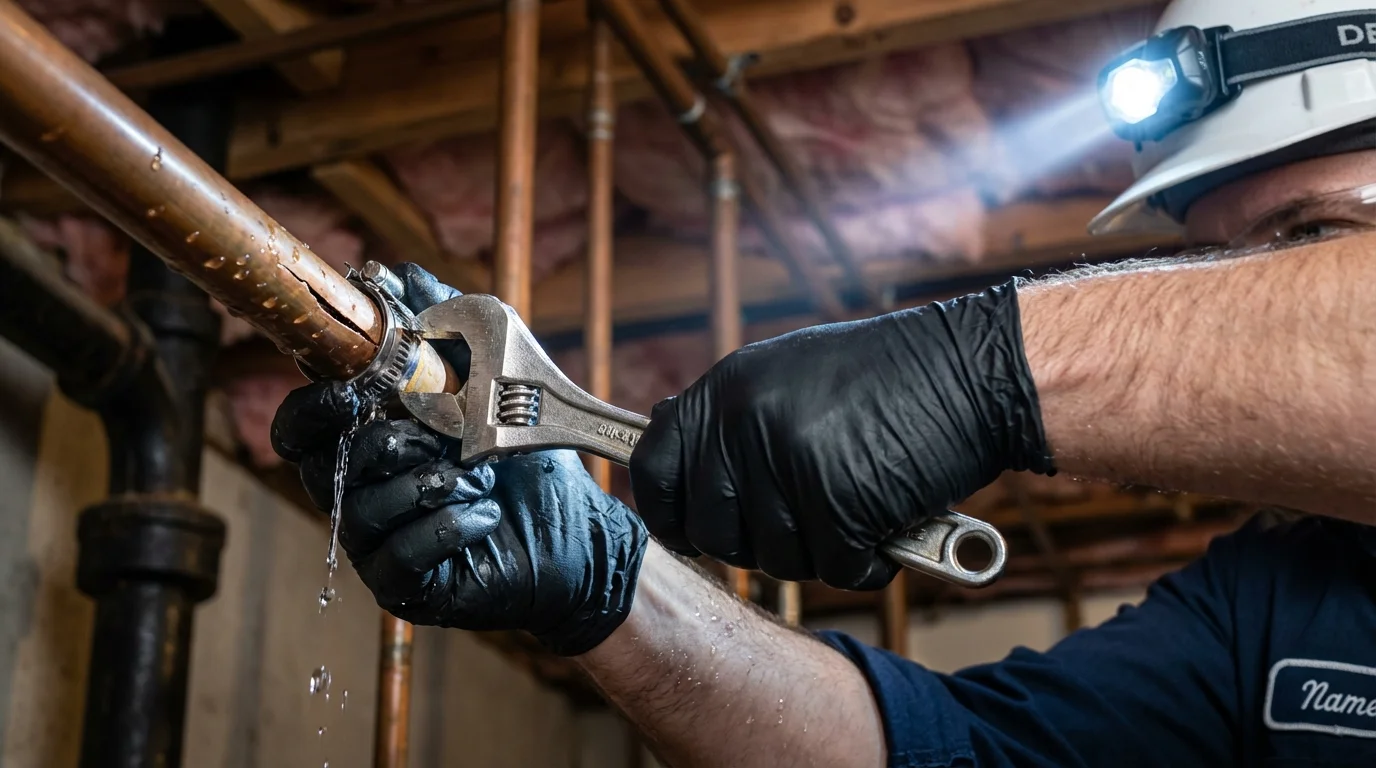 Emergency pipe clamp repair being performed by a Johns Plumbing LLC plumber in Lonoke