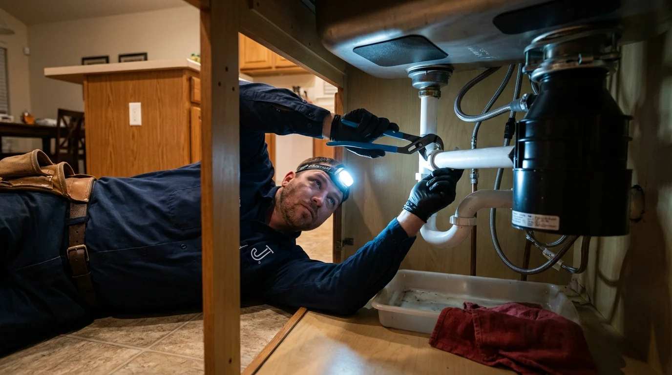 P-trap and supply line connections under a kitchen sink showing a common leak point in Lonoke, AR